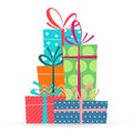 Gift box stack or pile. Christmas or Birthday present design. Xmas boxes with ribbon and bow. Vector illustration.